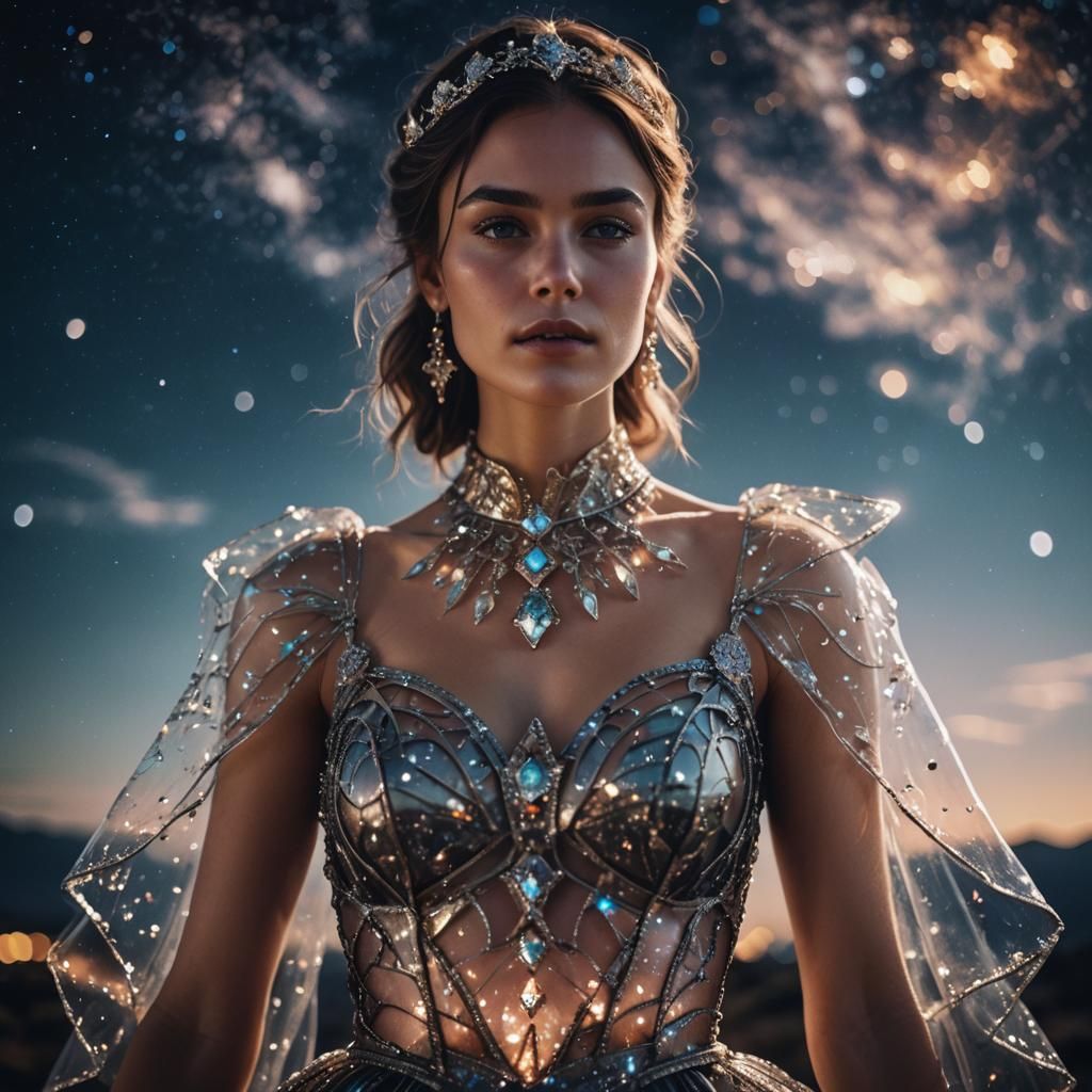 Woman in Glass Dress Under Night Sky