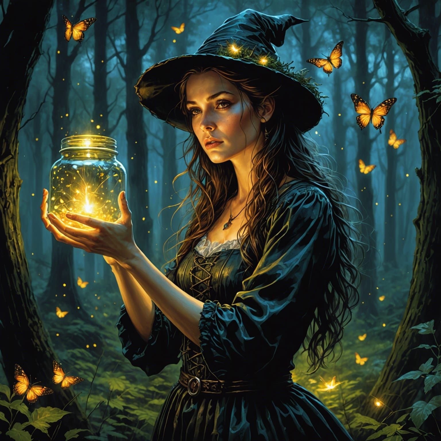 Witch Collecting Fireflies in Dark Fantasy Forest
