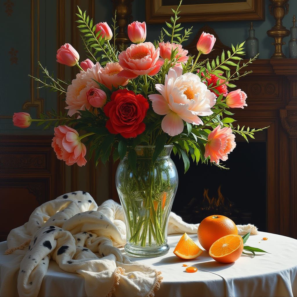 Floral Still Life with Woman and Dog, Oil Painting