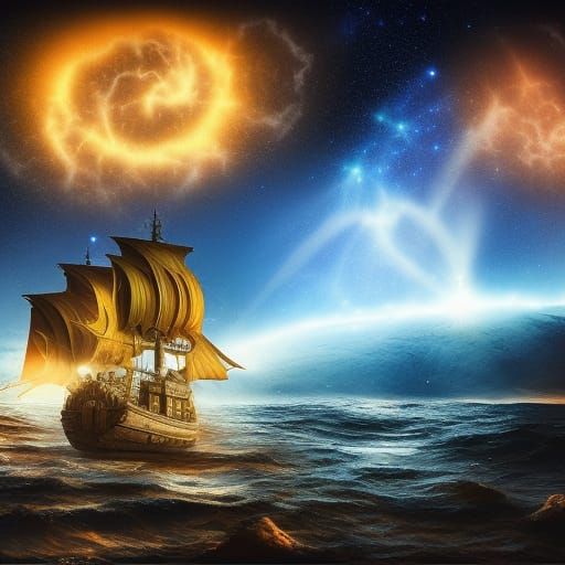 Golden Pirate Ship Sailing Starry Night Sky