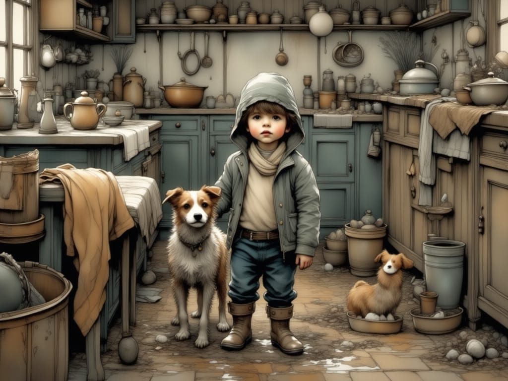Cozy Country Kitchen Scene with Toddler and Lovable Dog