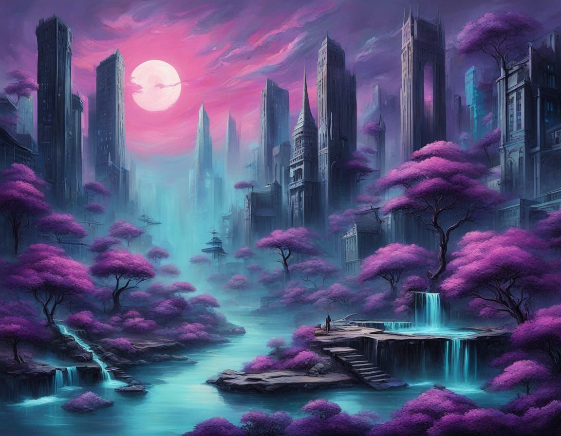 Abstract Cyberpunk Painting with Purple and Pink Hues