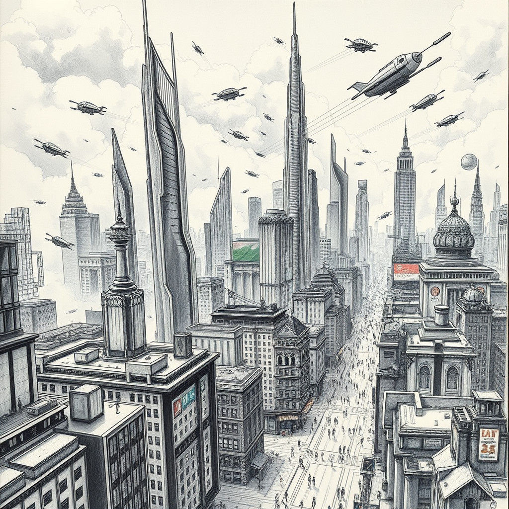 Futuristic Cityscape in Detailed Charcoal Doodle Style