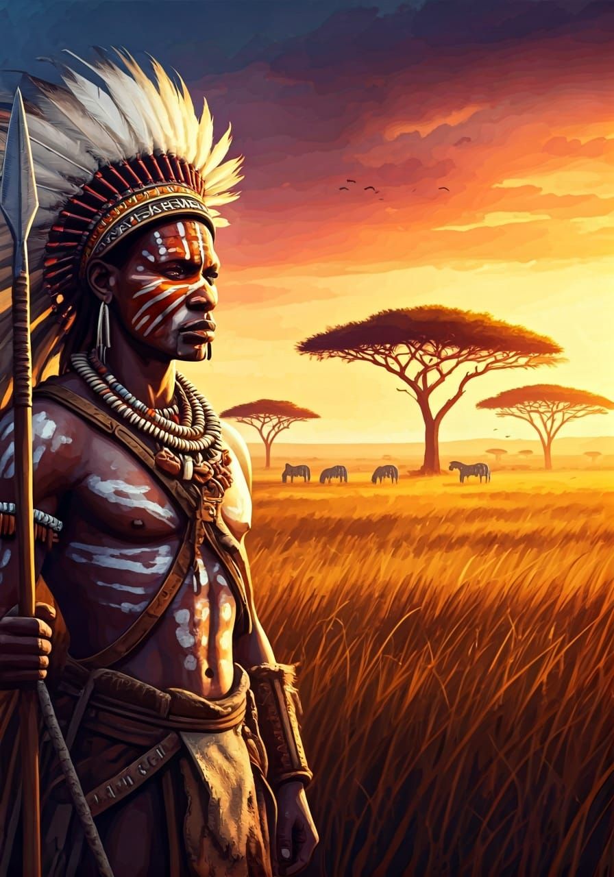 Zulu Warrior on the Savanna: Watercolor Painting