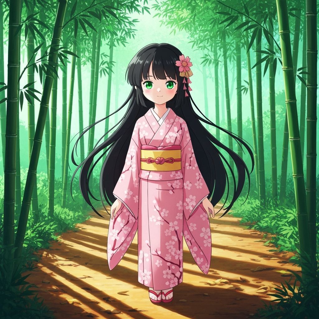 Anime Girl in Bamboo Forest, Ghibli-Inspired Art