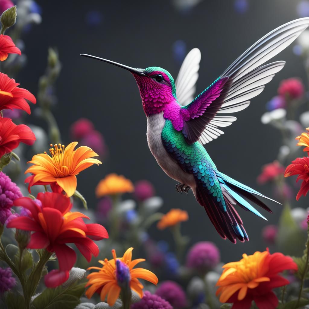 Hummingbird and Flower in Dreamlike Grayscale Garden