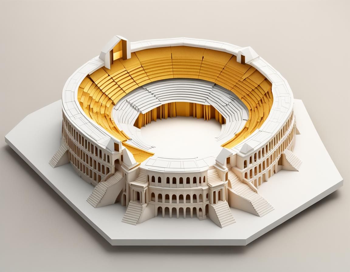 The Colosseum of Rome with Bull, Origami Style