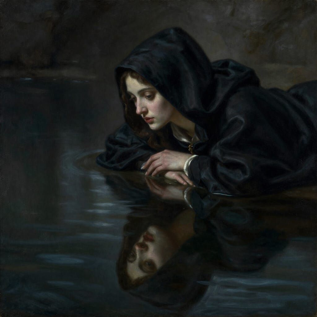 Medieval Maiden Reflects in Dark Water