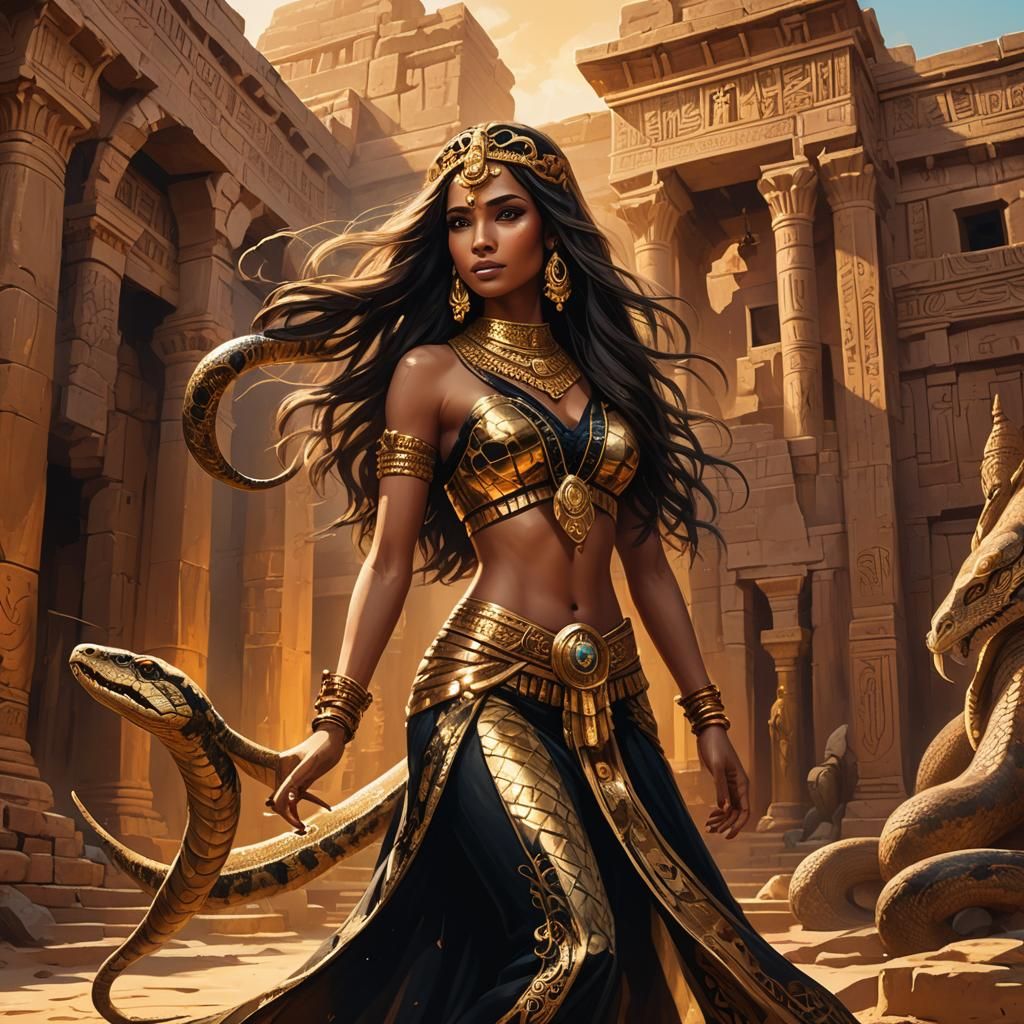 Cobra Snake and Belly Dancer in Desert Ruins