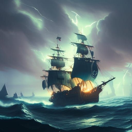 Pirate Ship vs Merchant Ship in Synthwave Style