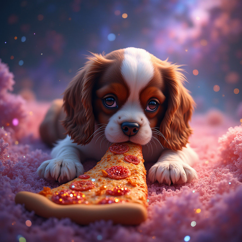 Cavalier King Charles Spaniel Eating Pizza in Galaxy