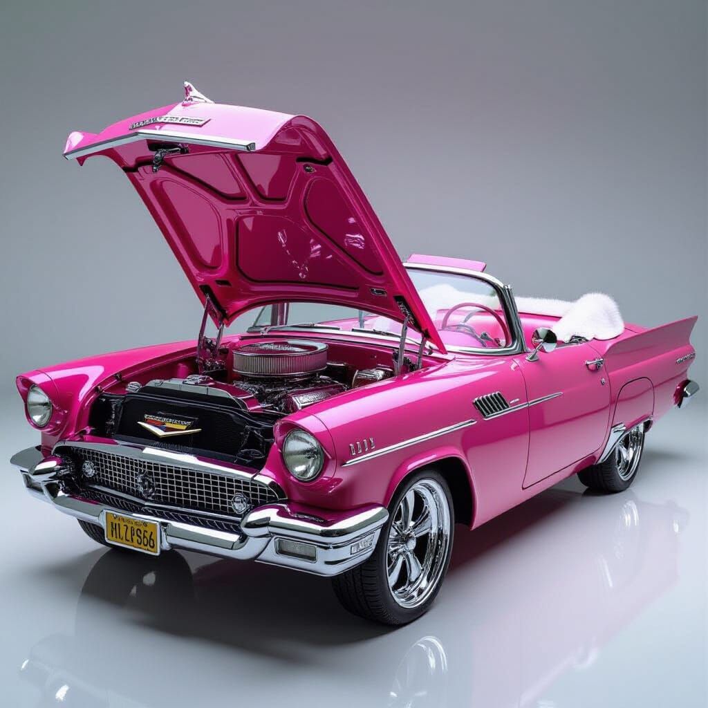 Vibrant Pink Muscle Car with Chrome Engine and Jewel Interio...