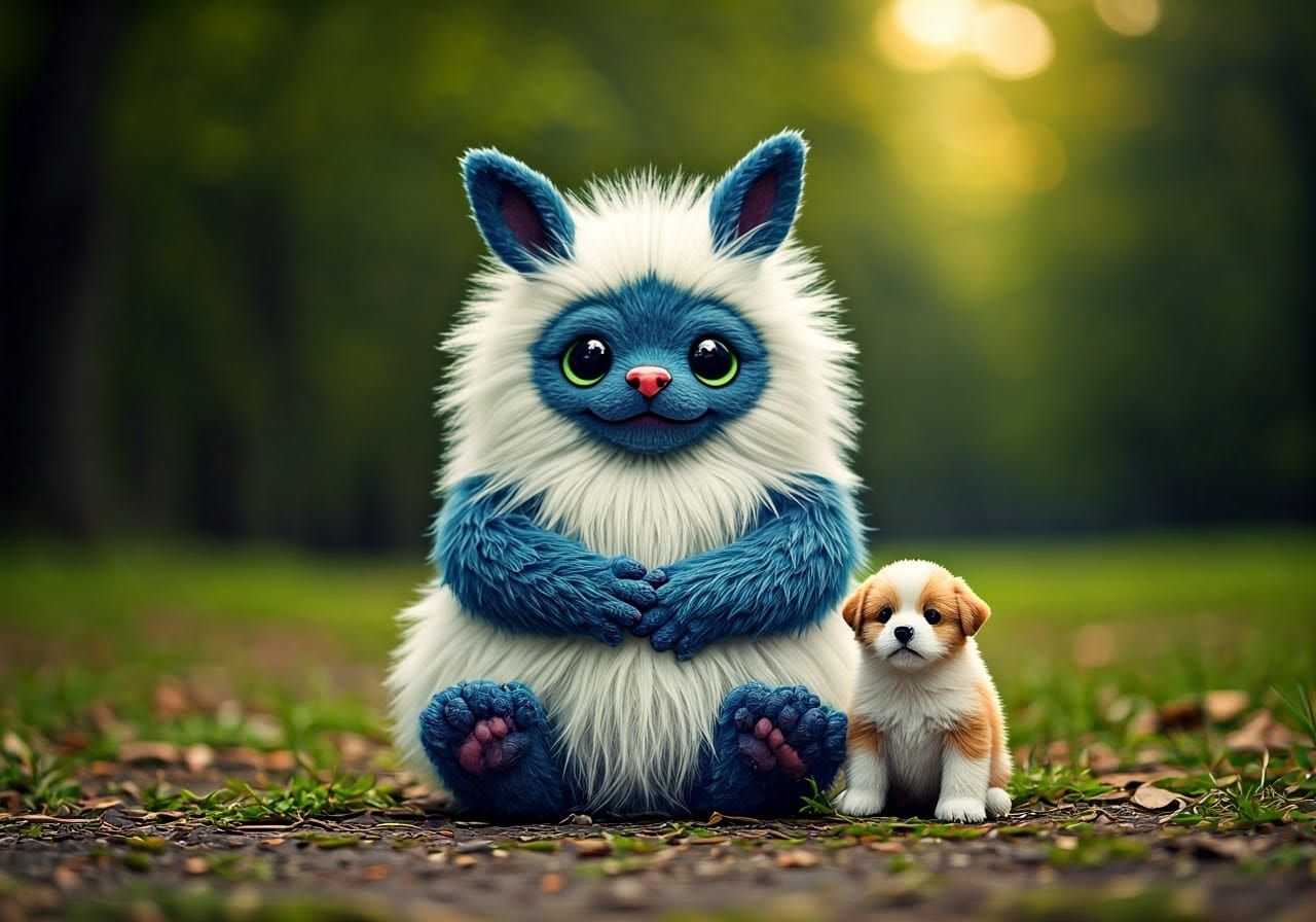 Cute Patchwork Plushie Creature Plays With Puppy