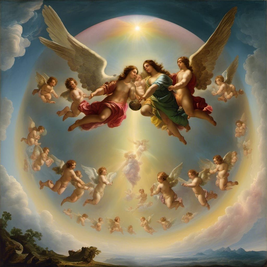 Angels Ascending into Heaven Under Iridescent Dome