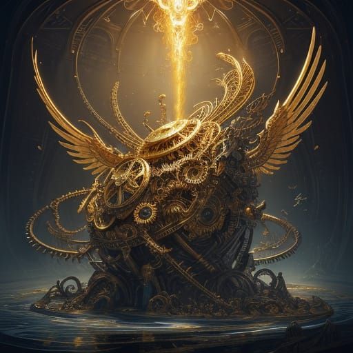 Molten Gold Mechanical Bird in Sci-Fi Workshop