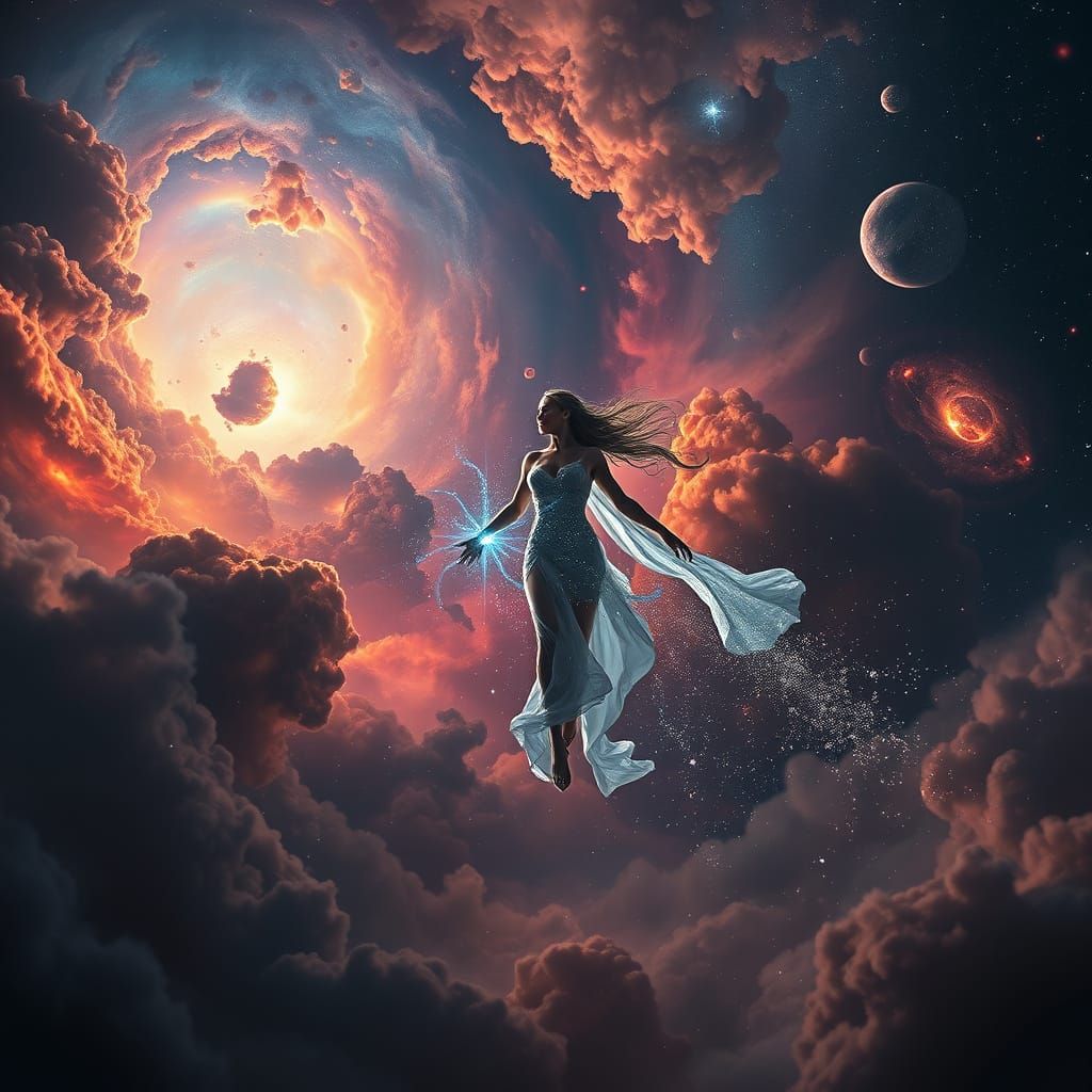 Goddess Selene Scattering Stardust in Cosmic Nebula