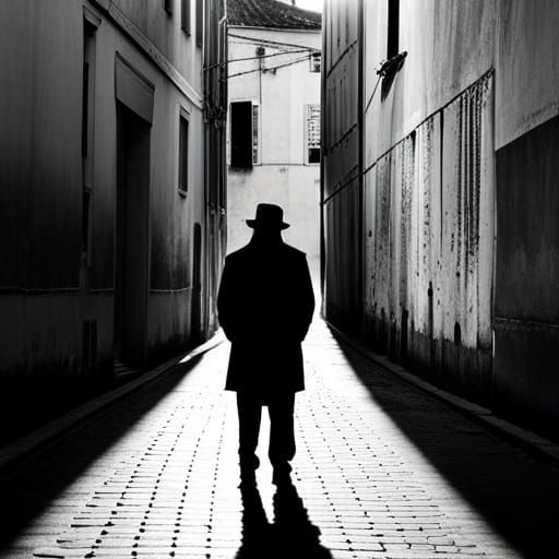 Un espion en silhouette, se fondant dans l'ombre d'une ruelle étroite.