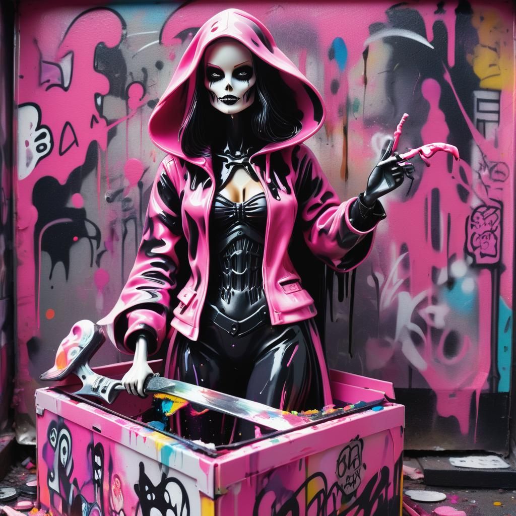 Grim Reaper Barbie in Box as Graffiti Art
