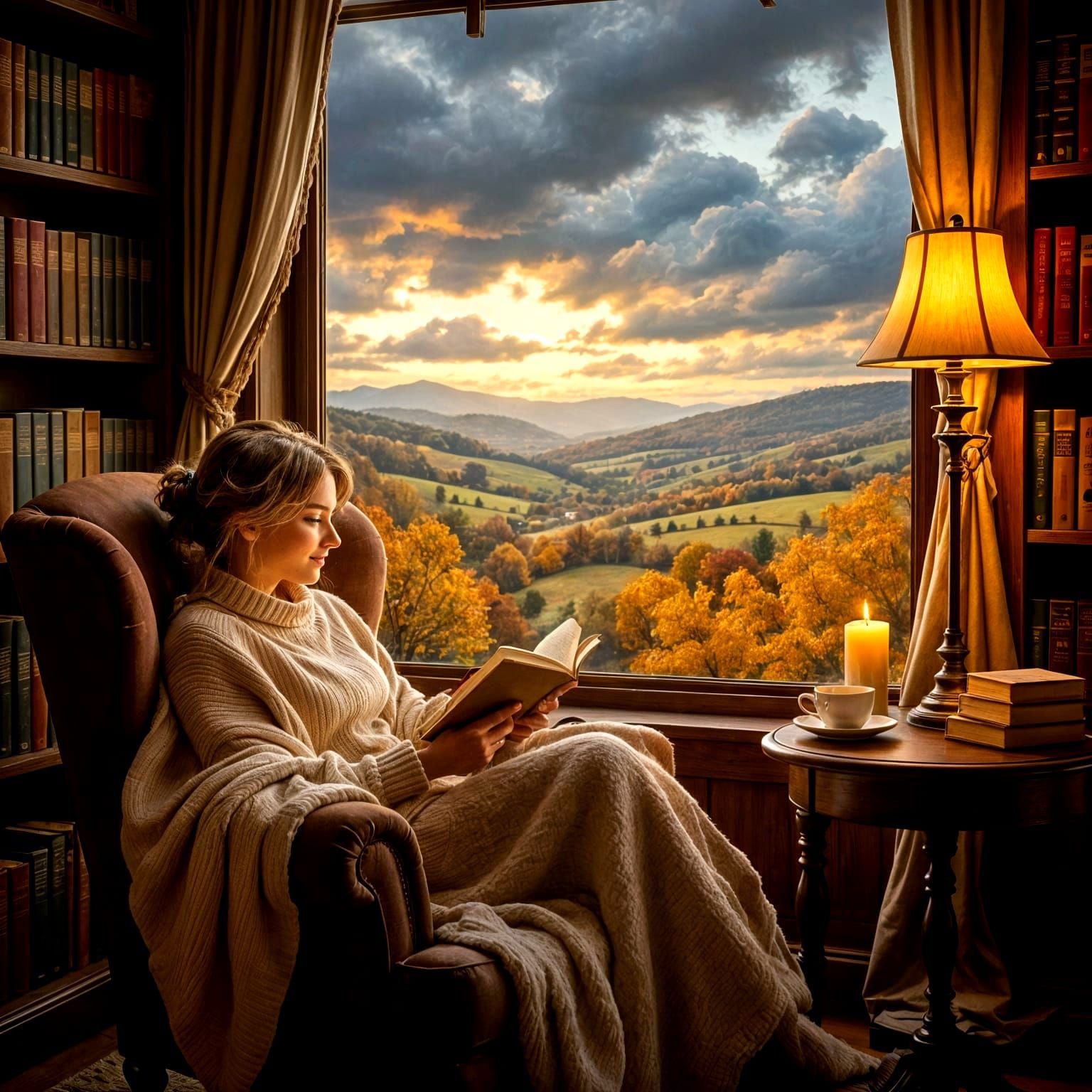 Cozy Reading Nook with Autumn View