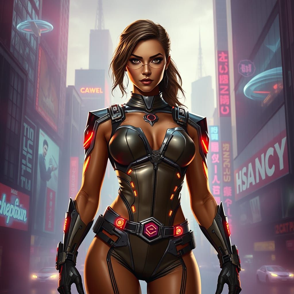 Cyberpunk Female Superhero Stands Tall in Neon City