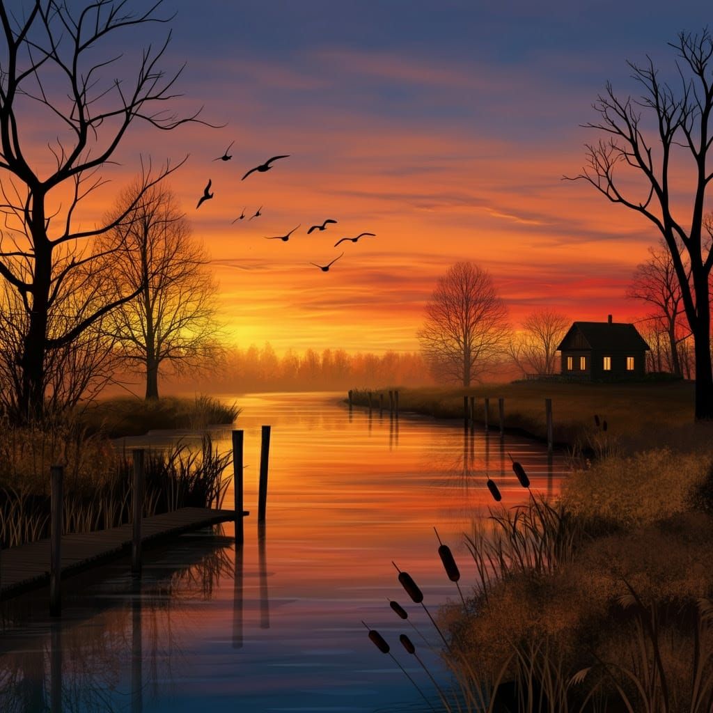 Autumnal Sunset Landscape with River Reflection