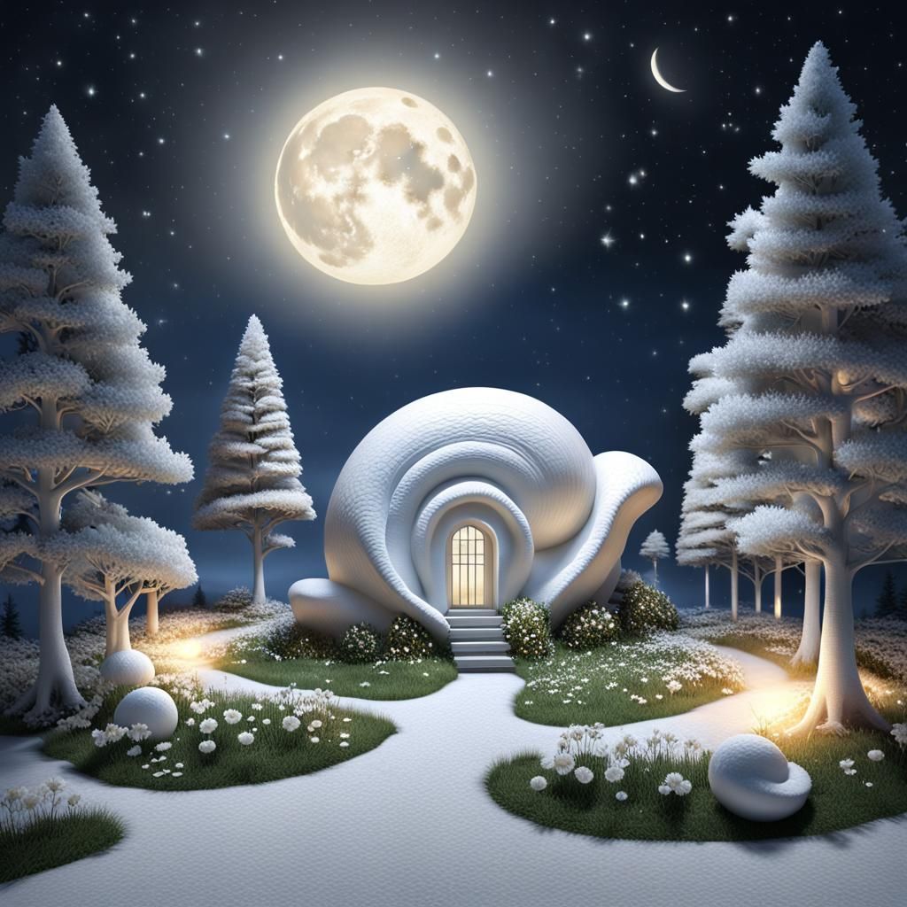 Giant Pearl Snail Village Under Moonlight