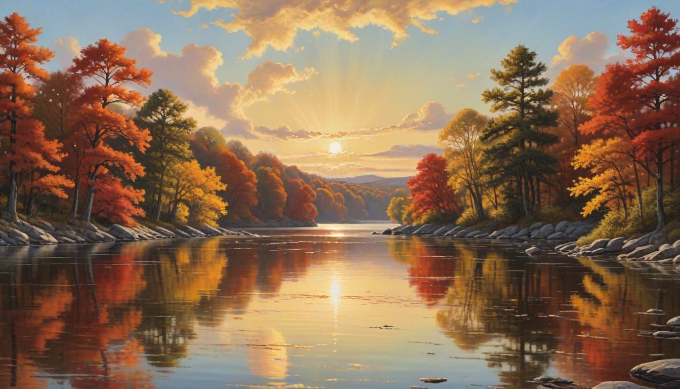Autumn Idyll on Erie Lake in Warm, Golden Light