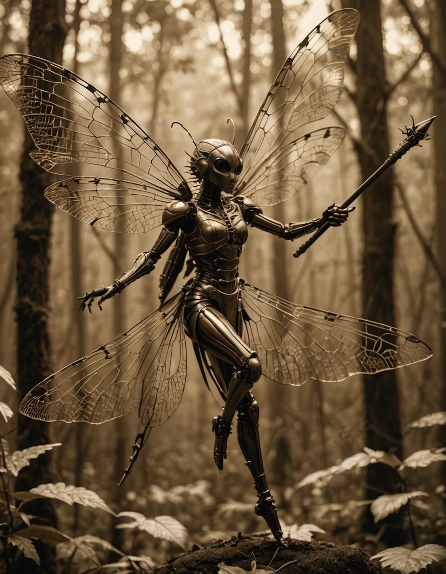 Insectile Fairy with Spear, in Sepia Tones