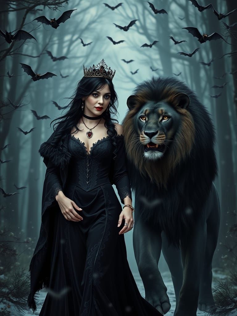Vampirella and Black Lion in Snowy Forest