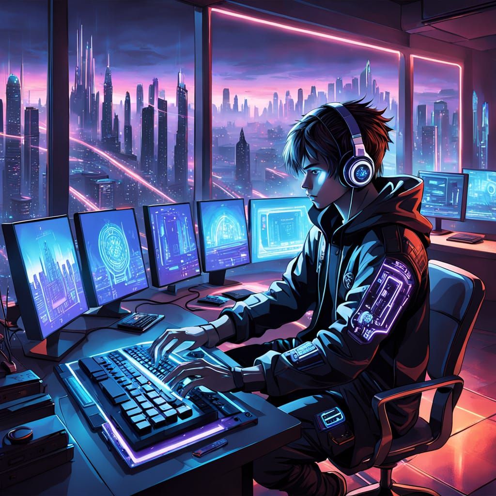 Cyberpunk Hacker in Futuristic Penthouse
