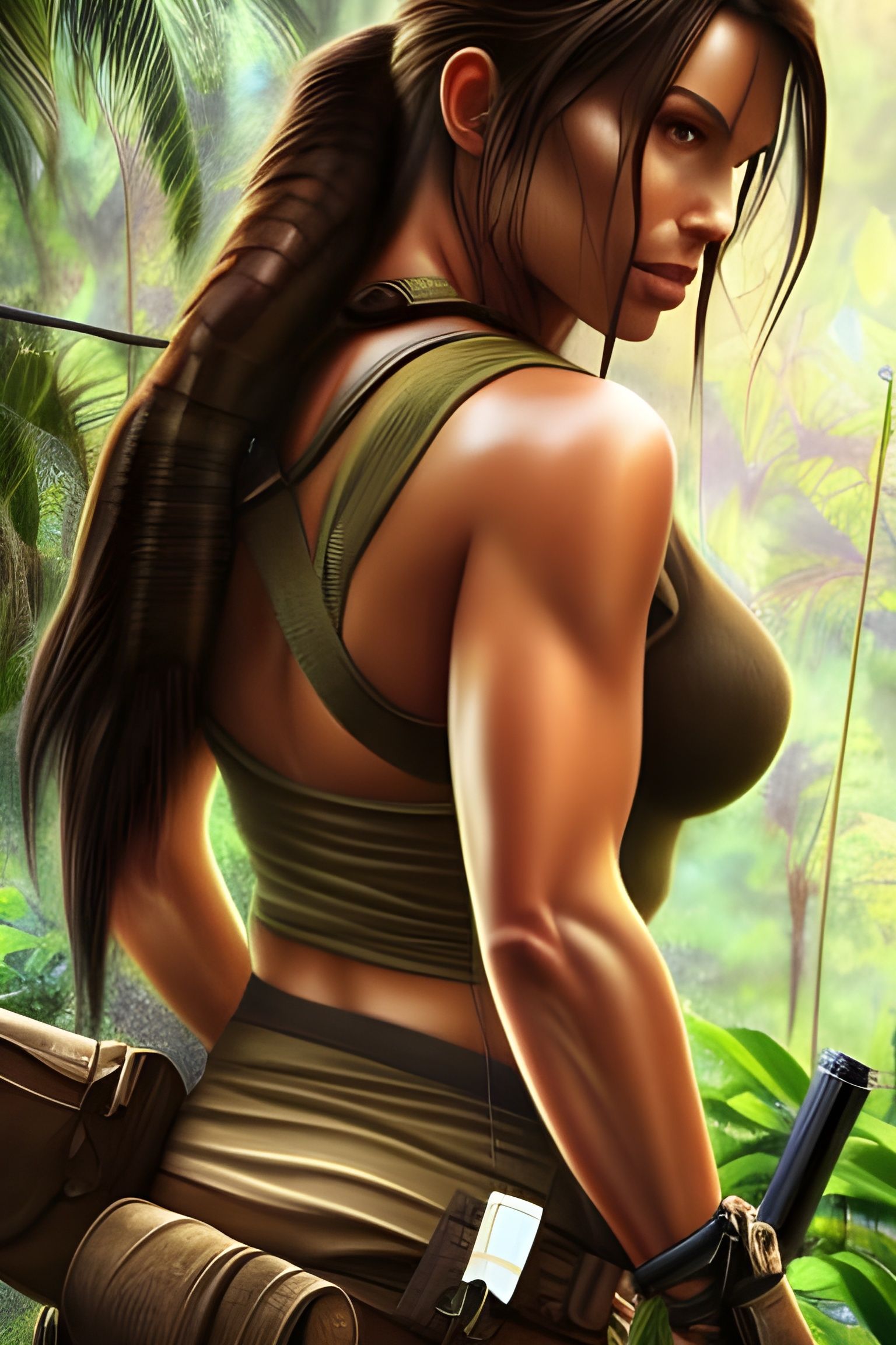 Lara Croft Portrait in Jungle, Detailed Digital Art