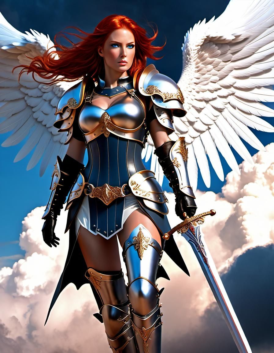 Red-Haired Angel with Sword in Dark Fantasy Style