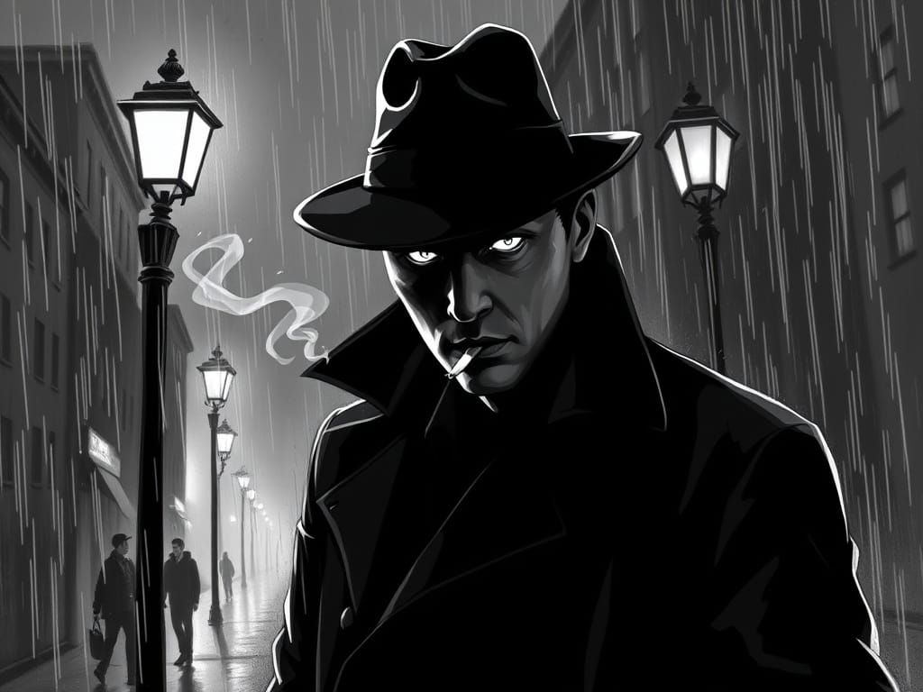 Black and White Art of A detective in a rain-soaked city, we...
