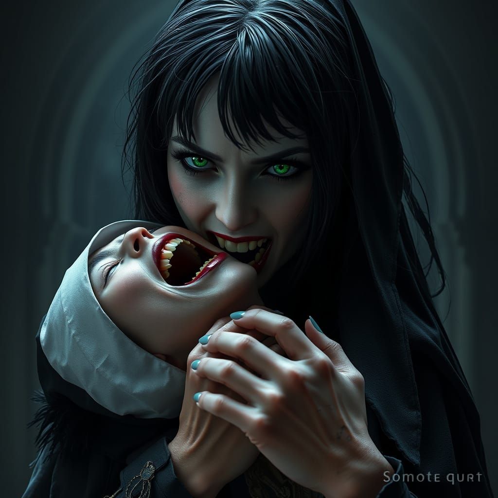Ethereal Vampire Bites Nun in Dark, Gothic Portrait