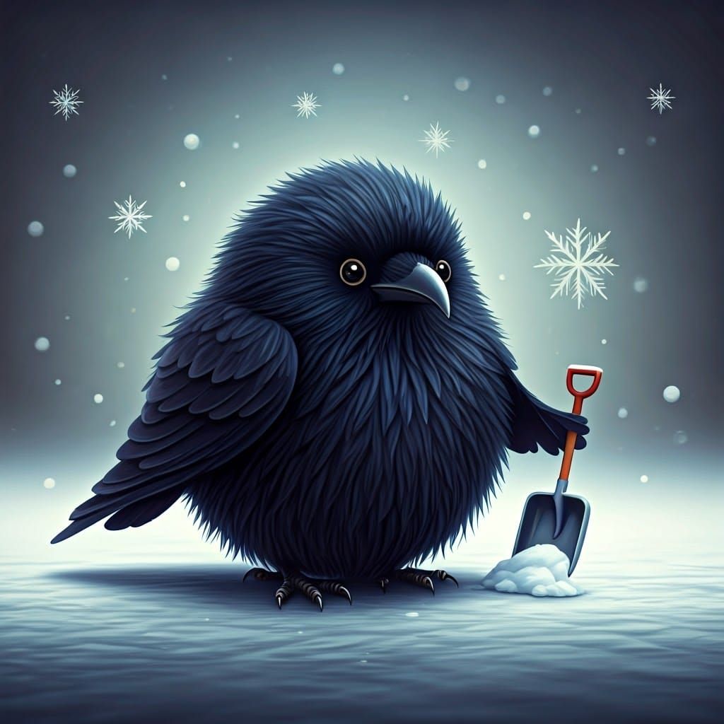 Whimsical Winter Scene with Raven and Snowflakes in Fairytal...