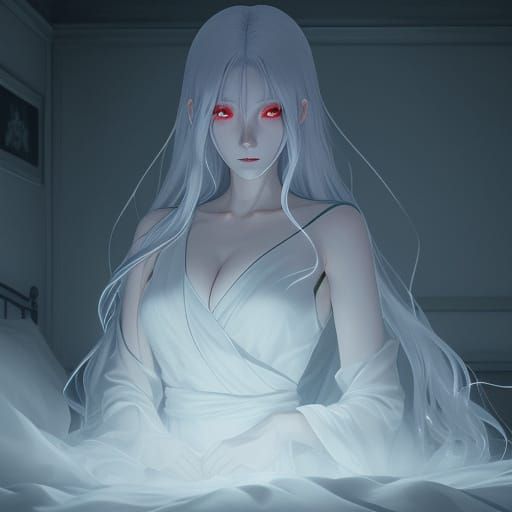 Anime Ghost Guards Bedroom in Eerie Moonlight