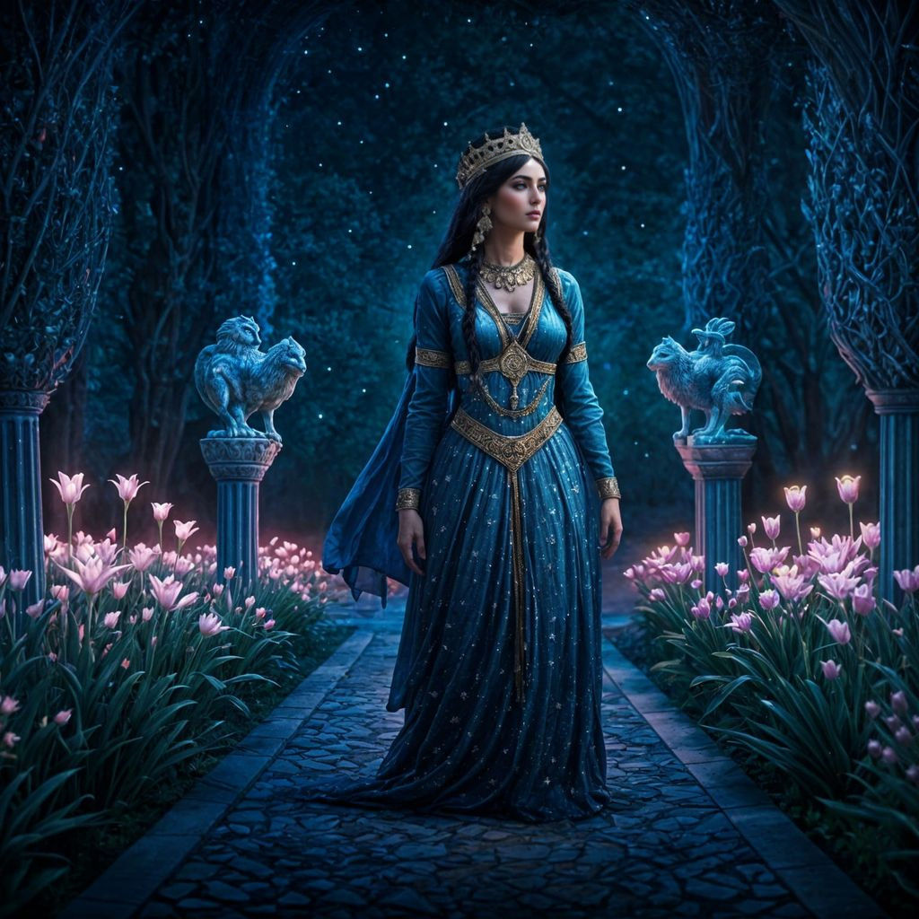 Achaemenid Queen in Moonlit Cosmic Garden