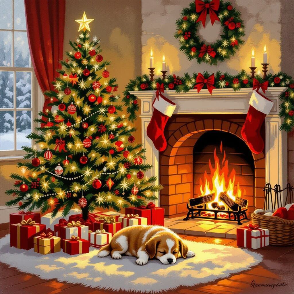 Cozy Vintage Christmas Card: Tree, Fireplace & Puppy