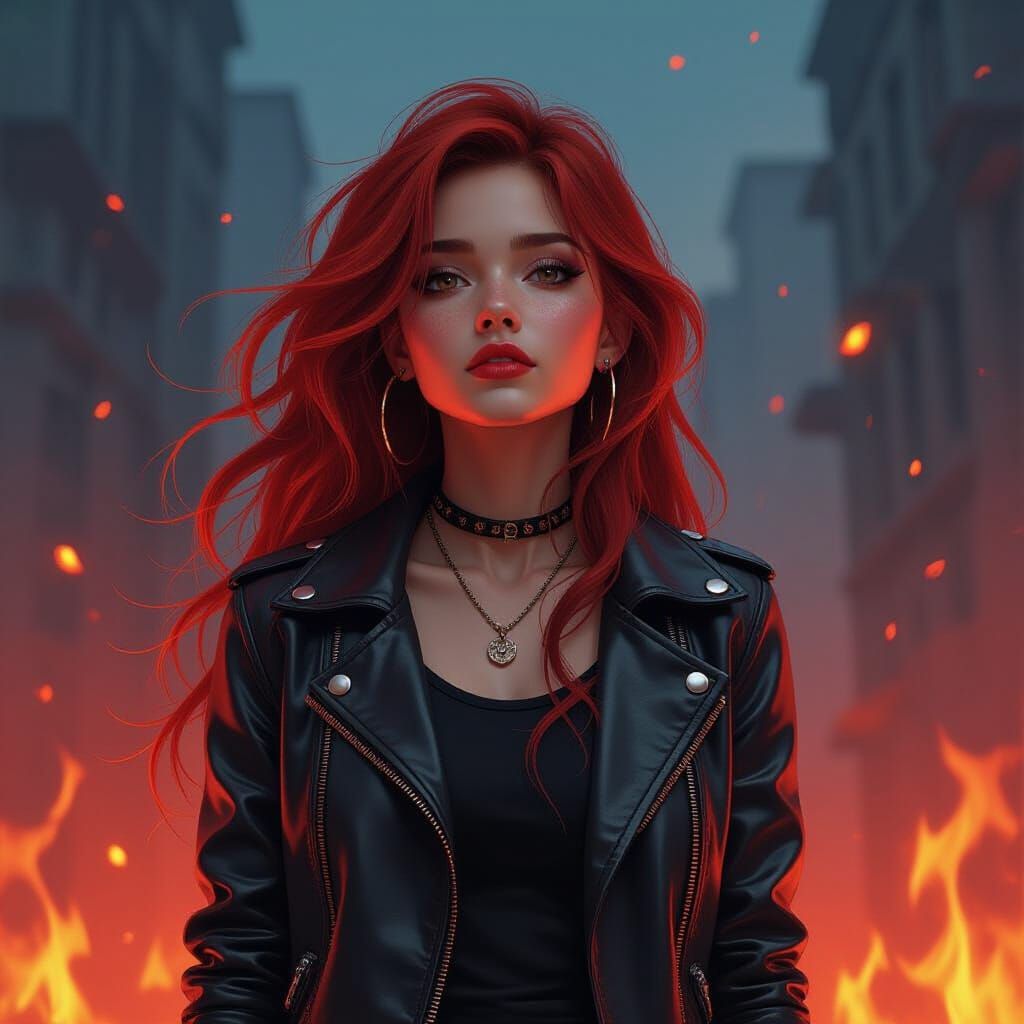 Young Sorceress Chants Lunar Spells Amidst Fiery Night