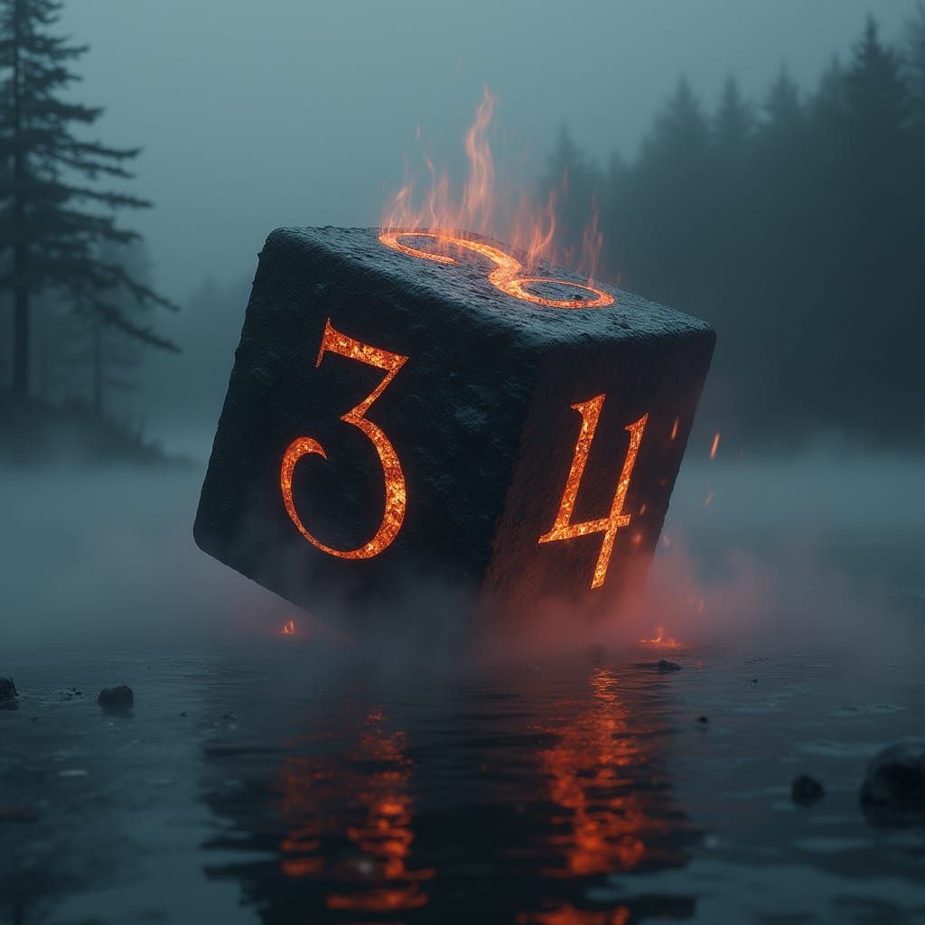 Mystical Black Dice Rolls Across Foggy Lake at Midnight