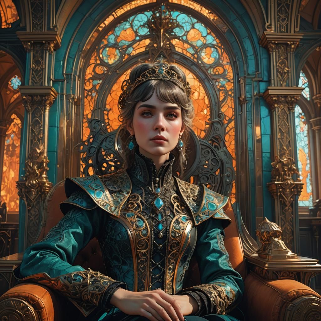 Mujer gótica futurista sentada en una silla barroca en su ca...