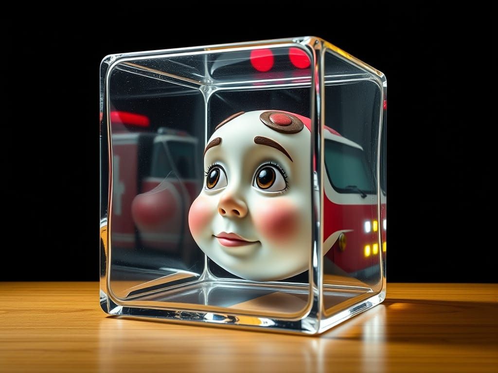 A Face Watches a Firetruck Outside a Transparent Cube