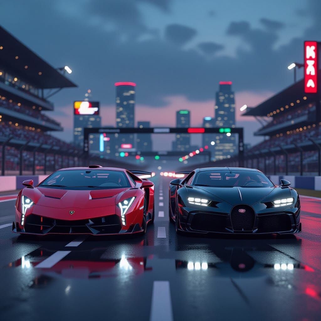 Lamborghini Veneno vs Bugatti Chiron on Wet Track at Dusk