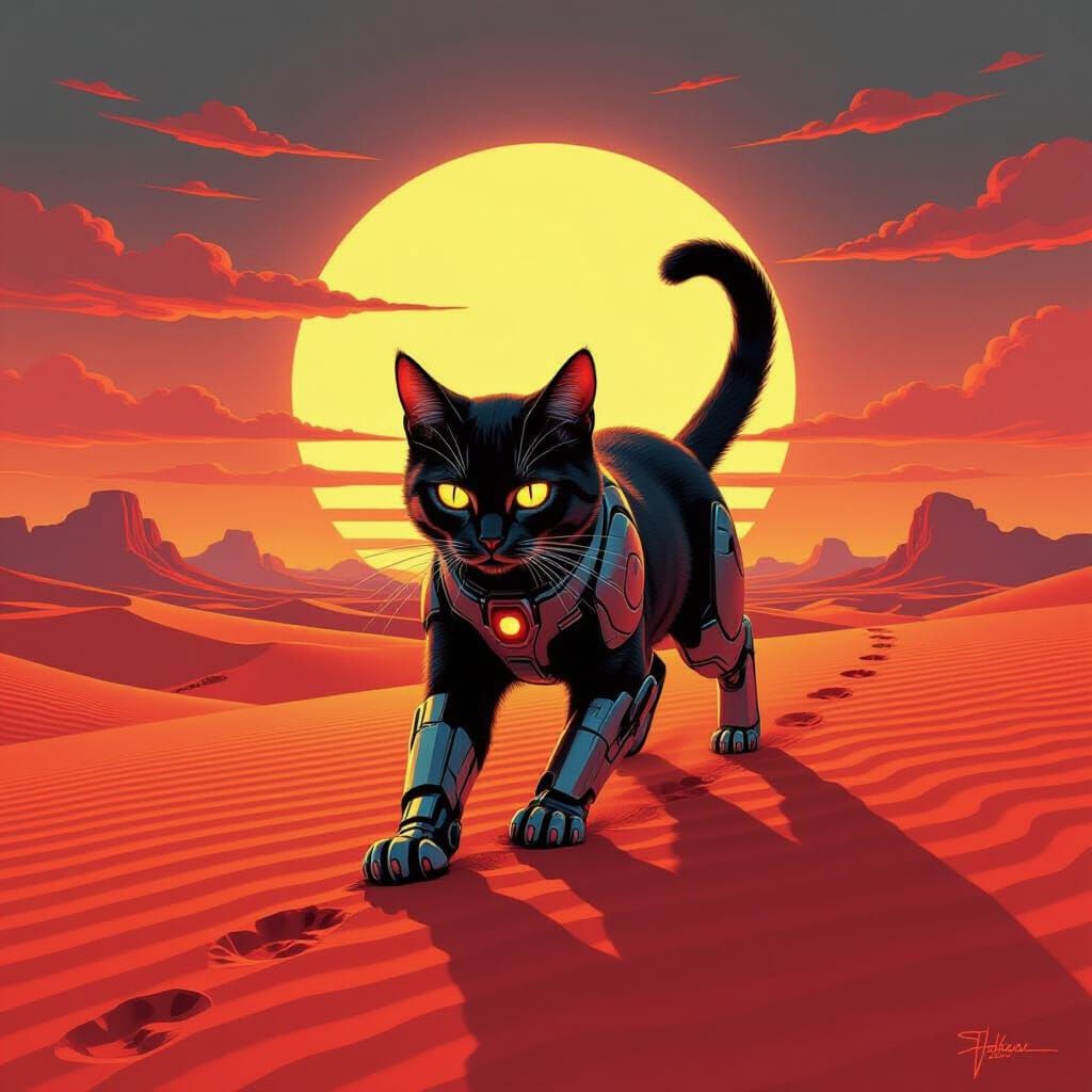 Cybernetic Cat Explores Alien Desert at Binary Sunset