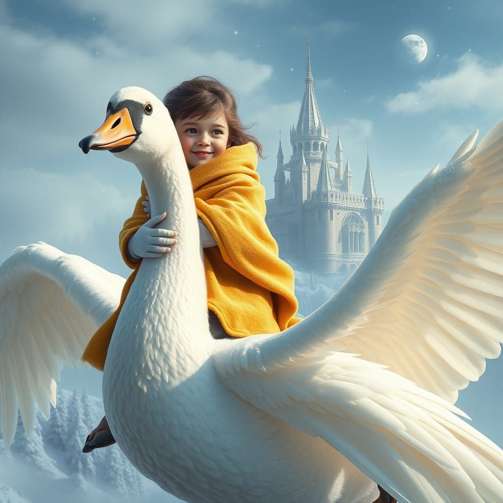 Girl Sits on Flying Swan in Winter Wonderland