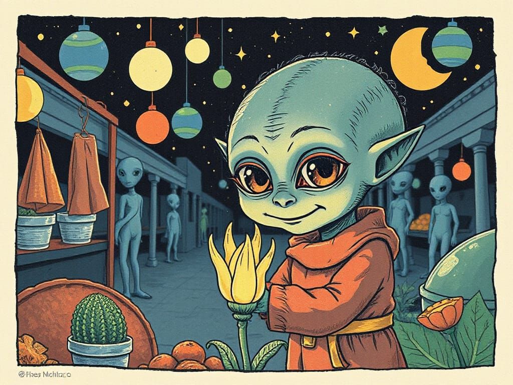 Alien Child at Intergalactic Market in Linocut Style