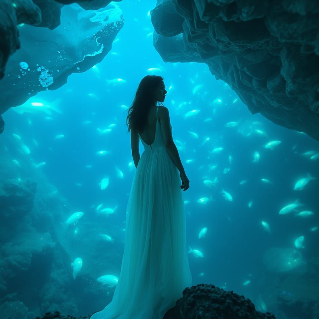 Underwater Cave with Bioluminescent Life in Digital Art Styl...