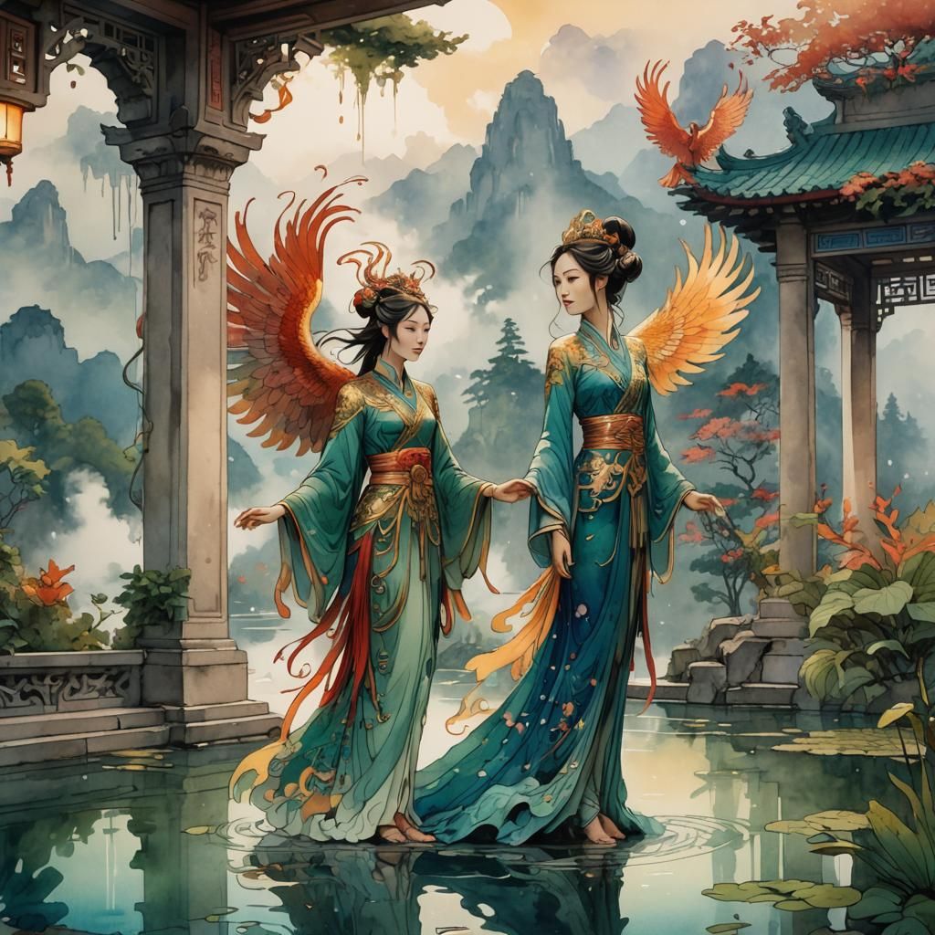 Phoenix Princess in Surreal Chinese Ink Art