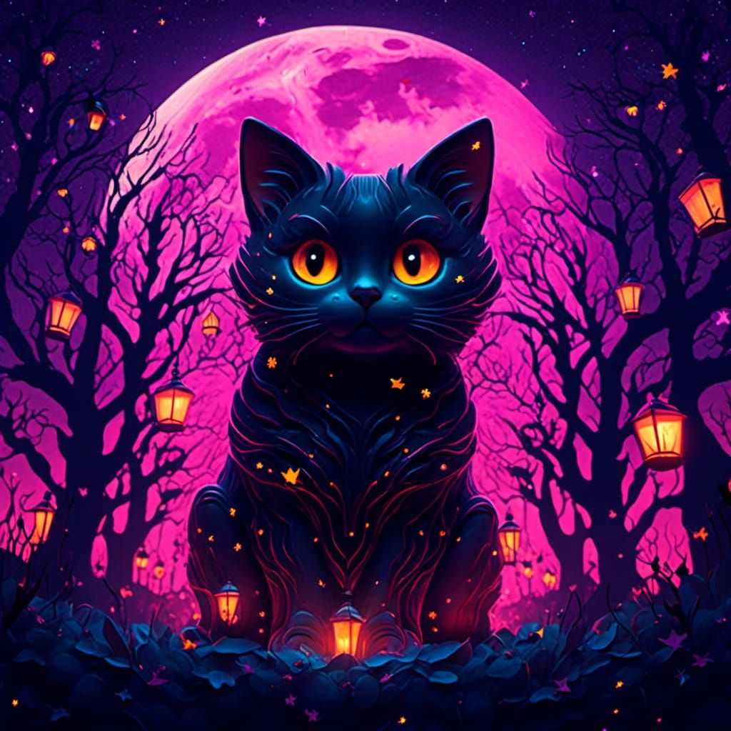 Whimsical Cat Silhouette in Gothic Starry Cemetery