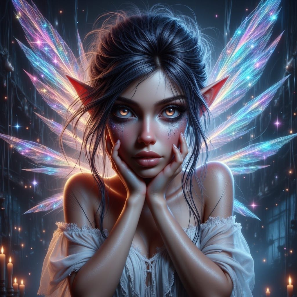 Ethereal Pixie Goddess with Iridescent Rainbow Wings